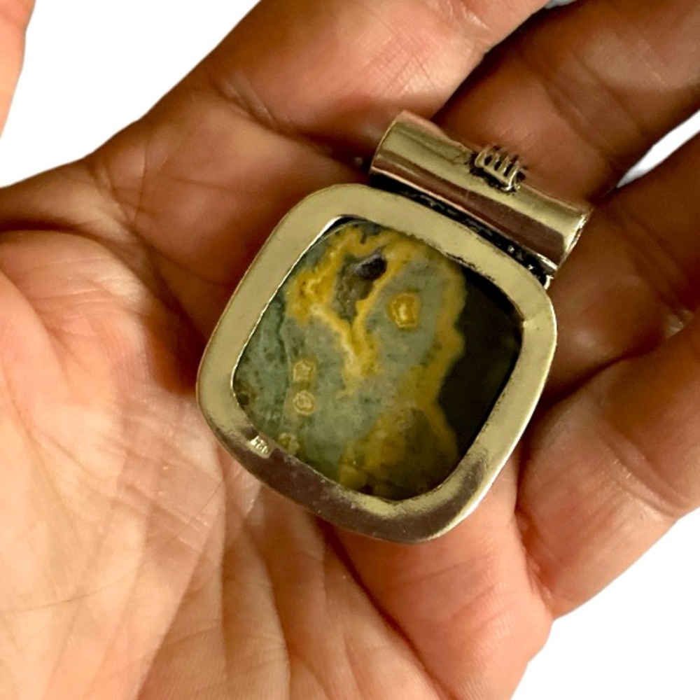 Hand Crafted Ocean Jasper Blue Topaz 925 Silver Plated Gem Necklace Pendant 1.6" - Picture 6 of 8